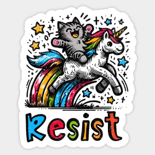 Resist Cat Riding Unicorn Rainbow Protest Art Sticker